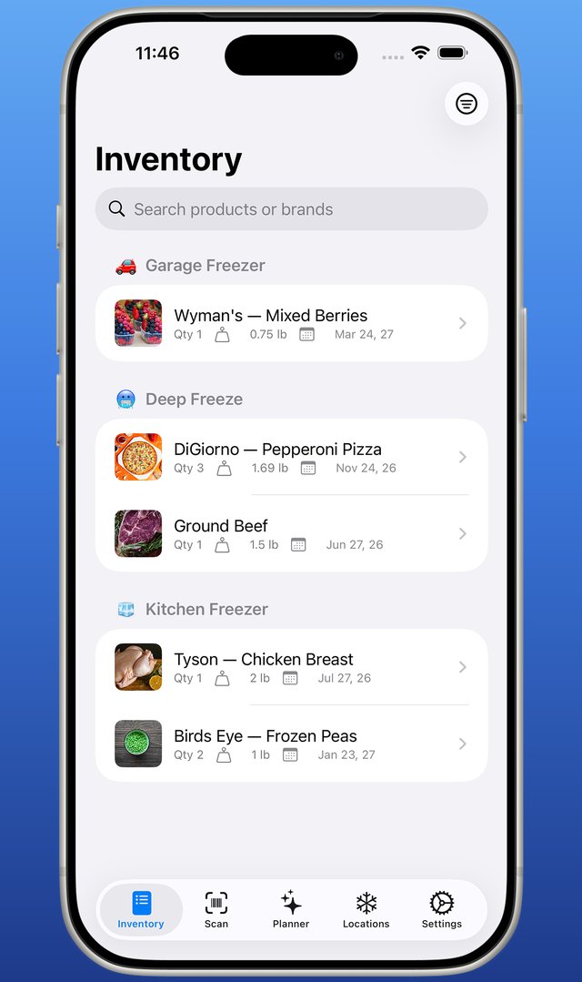 Inventory screen showing items grouped by freezer location