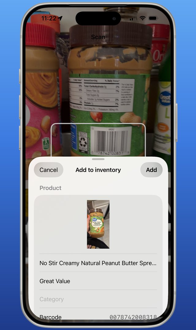 Scanning a peanut butter jar's barcode, with product details filled in automatically