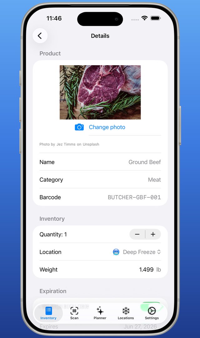 Item detail for ground beef with quantity, weight, location, and expiration
