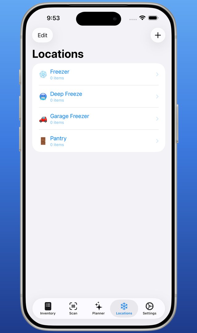 Locations screen listing Freezer, Deep Freeze, Garage Freezer, and Pantry